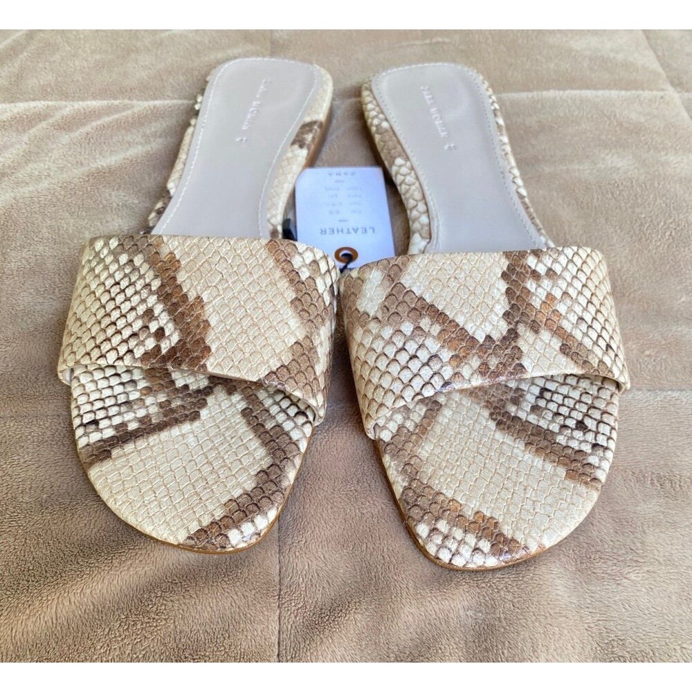 Zara Woman EU41 US10 leather snake print beige cream Tan nude slide sandals - Picture 10 of 13